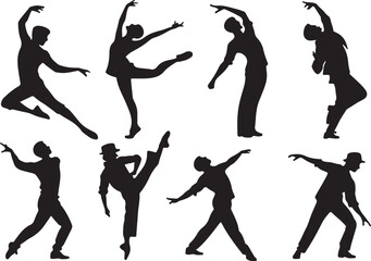 Flat black color male dancer silhouette vector and illustration design on a white background.