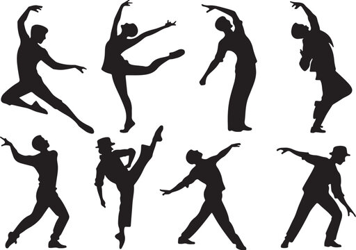 Flat black color male dancer silhouette vector and illustration design on a white background.