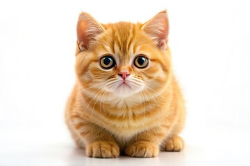 Cute ginger British Shorthair kitten in tilt-shift photography, perfectly isolated against a pristine white background.