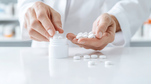Rainy Season Diseases Including Malaria and Fever Risks. Person dispensing white pills from a bottle into their hand.