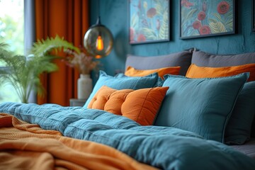 prompt Stylish interior of contemporary room with comfortable bed