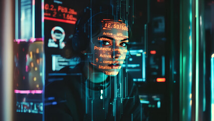 "Close-up of a woman surrounded by futuristic digital interface elements and glowing data displays. Cybersecurity and artificial intelligence concept. 