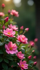 Obraz premium Veladas de primavera con flores rosas frescas en un jard?n rosa, fresco, naturaleza