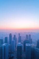 Fototapeta premium drone view of modern financial district with skyscrapers and futuristic architecture captured at sunrise