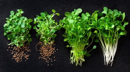 Different stages of microgreens growth on dark surface.