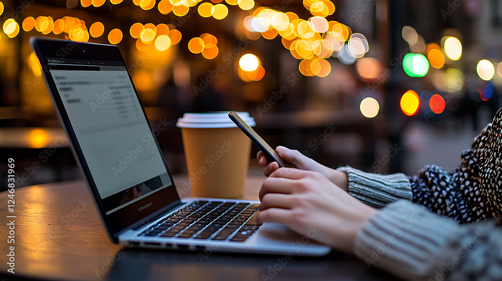 Wall mural a person is using a laptop and a cell phone at a cafe. generated using ai
