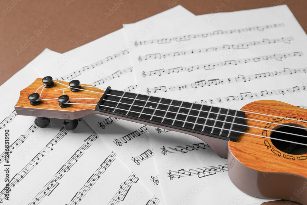 Wall mural Ukulele and music sheets on brown background, closeup