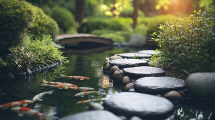 Serene Japanese Garden with Koi Fish and Stone Pathway