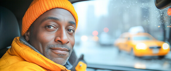 Smiling taxi driver wearing an orange beanie during a rainy day in the city with yellow cabs in the...