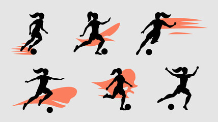 Woman soccer player silhouette icon vector set