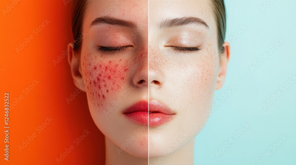 Poster Comparison of skin conditions showing acne and redness contrasted with smooth and glowing skin. Generative AI