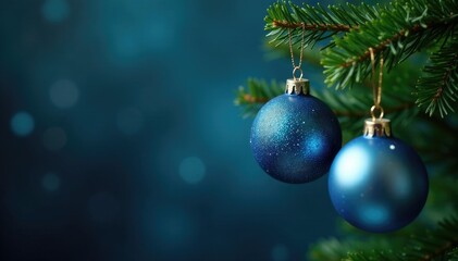 Fototapeta premium Blue and silver ornaments suspended from a Christmas tree branch, Holiday Glamour, , Metallic Colors
