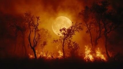 Dramatic Wildfire Under Full Moon with Fiery Landscape