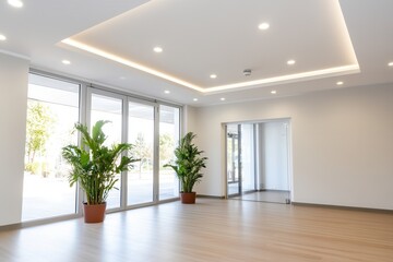 Obraz premium Modern office interior with large windows and potted plants for natural lighting.