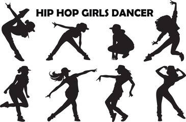 Hip hop girls dancer silhouette vector set, girls hip hop movement black silhouette design on a white background.
