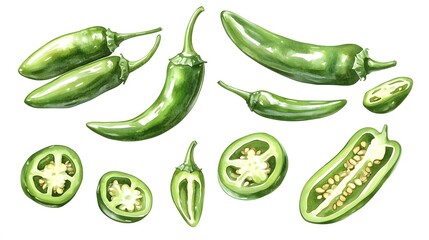 Watercolor illustration of green jalapeno peppers whole and sliced