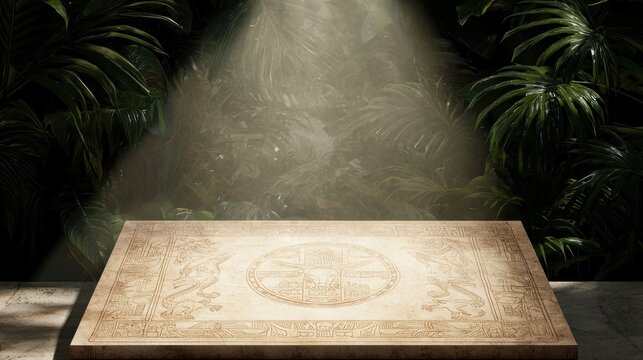 Mysterious illuminated table lush jungle artistic display natural environment dramatic lighting enigmatic design