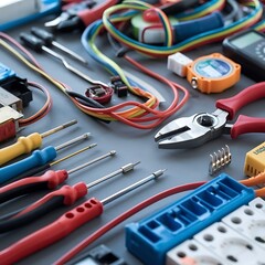 Fototapeta premium Colorful Electrical Tools and Equipment Laid Out on a Surface, A high-angle, full shot of various electrical tools and equipment, including wires, connectors, pliers, screwdrivers,