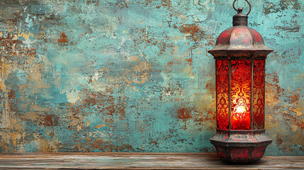Illuminated red lantern against textured wall.