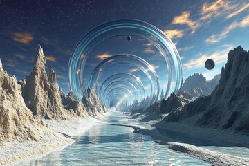 Cosmic journey through swirling portals in an otherworldly landscape filled with mountains and a winding path under a starry sky