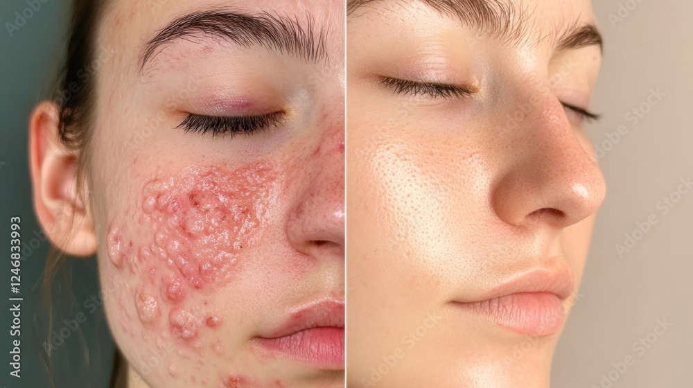 Poster Comparison of acne and redness on one side versus smooth glowing skin on the other side in a split face view. Generative AI