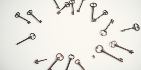 Naklejka premium Antique Skeleton Keys Arranged in a Circular Pattern on a White Surface