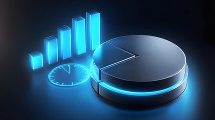 Cute isometric 3D image of 3D pie chart and bar chart in realistic metallic silver illuminated by neon blue. add floating, transparent charts and circular measurement tools. ensure perfect shapes an