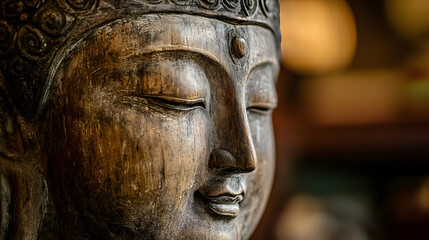 Close-Up of Peaceful Buddha Statue with Detailed Features and Warm Lighting : Generative AI