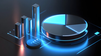 Cute isometric 3D image of 3D pie chart and bar chart in realistic metallic silver illuminated by neon blue. add floating, transparent charts and circular measurement tools. ensure perfect shapes an