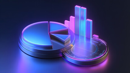 Cute isometric 3D image of 3D pie chart and bar chart in realistic metallic silver illuminated by neon blue. add floating, transparent charts and circular measurement tools. ensure perfect shapes an