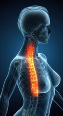 X-ray image of a female skeleton highlighting the spine in orange