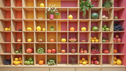 different fruits on a wooden shelf