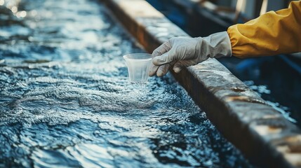 Gloved hand testing water in treatment plant