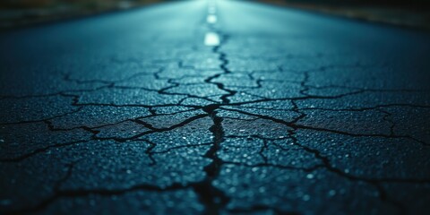 Obraz premium A Dark, Cracked Asphalt Road Stretching Towards a Distant Light