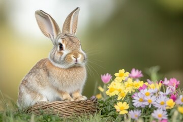 Fototapeta premium family of rabbits sitting in grassy clearing surrounded by colorful wildflowers
