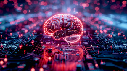 Human brain on circuit board, 3D AI artificial Intelligence futuristic concept.