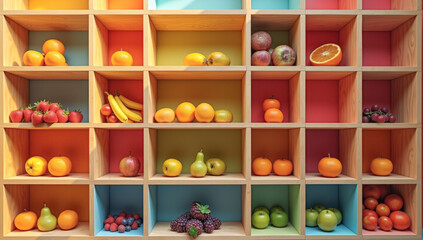 different fruits on a wooden shelf