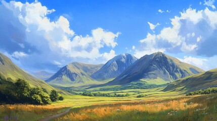 Fototapeta premium Sunny valley landscape, mountains, path, clouds, travel poster