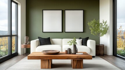 Modern living room interior with a couch and coffee table in a cozy atmosphere and natural light