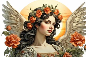 Vintage retro antique angel portrait illustration with colorful botanical flowers on isolated white background, people, culture and religion theme concept texture design.
