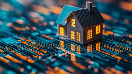 House Model on Digital Data Background with Neon Colors