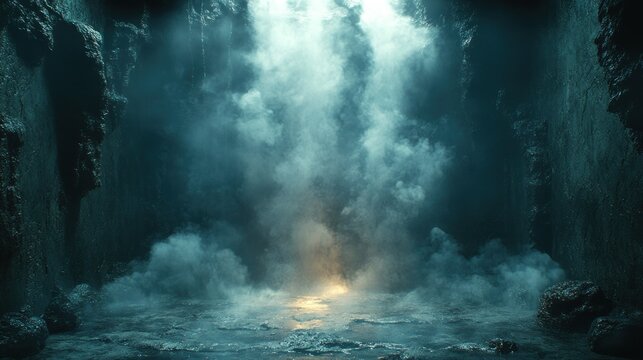 Mystical cave, glowing light, smoky, background, fantasy