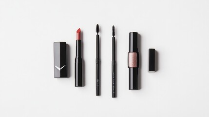 Obraz premium flat lay of experimental makeup products including shimmering eyeliners and bold lipsticks arranged symmetrically