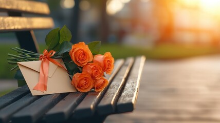 A bouquet of vibrant orange roses rests on a sunlit park bench alongside a decorative envelope, creating a romantic and inviting atmosphere.