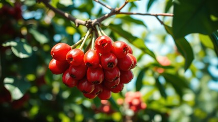Obraz premium A cluster of vibrant red berries hanging from a branch, surrounded by lush green foliage in bright sunlight