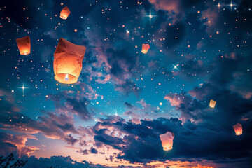 Beautiful holiday composition for happy celebrate chinese festival of lanterns, abstract vivid composition consists of fictional unreal fantastic vision on background