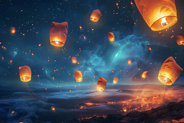 Beautiful holiday composition for happy celebrate chinese festival of lanterns, abstract vivid composition consists of fictional unreal fantastic vision on background