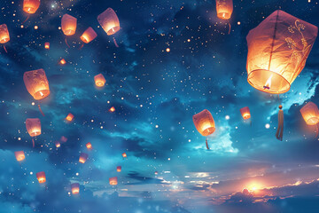 Beautiful holiday composition for happy celebrate chinese festival of lanterns, abstract vivid composition consists of fictional unreal fantastic vision on background