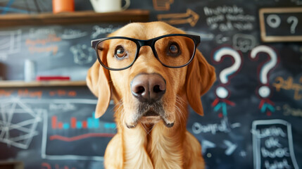 Curious and perplexed dog has a lot of questions, confused dog student, study learning education concept.