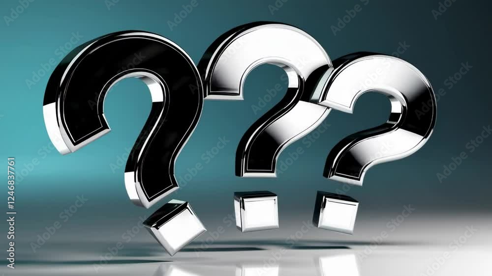 Poster Multiple chrome question marks are rotating on a turquoise background, symbolizing uncertainty, decision making, and the search for answers